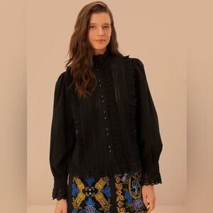 Farm Rio Black Lace And Pleat Blouse S